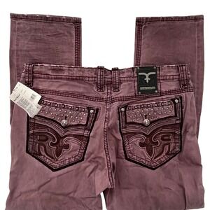 Rock Revival Reid Biker Jeans Burgundy‎ New W Tags 42x33 Embellished Pocket NWT